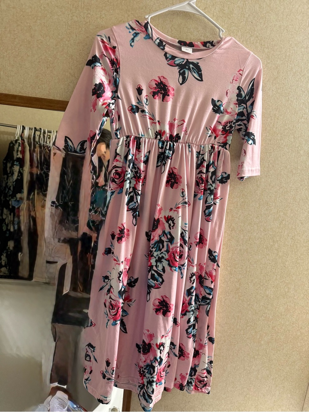 Pink Floral Midi Dress with Navy & Berry Blooms